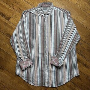 Thomas Dean Shirt Men‎ Pinstriped Pima Cotton Contrast Button Down White Blue XL